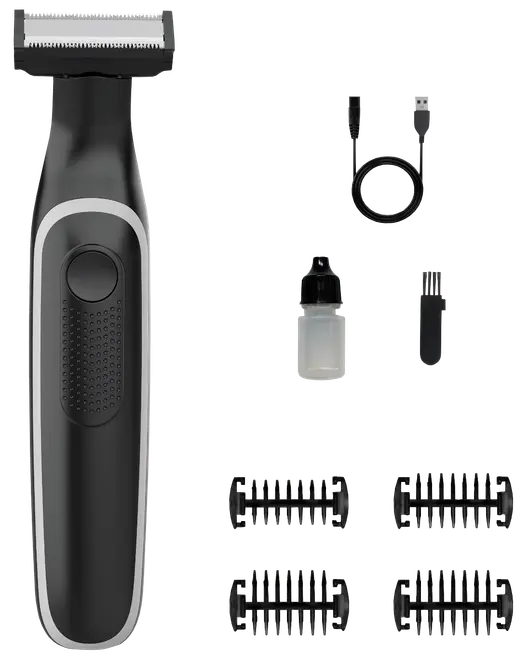 Sort elektrisk skægtrimmer med fire kamme, rensebørste, olieflaske og USB-opladerkabel. Ergonomisk håndtag med tekstur for nem brug. Velegnet til præcis trimning.