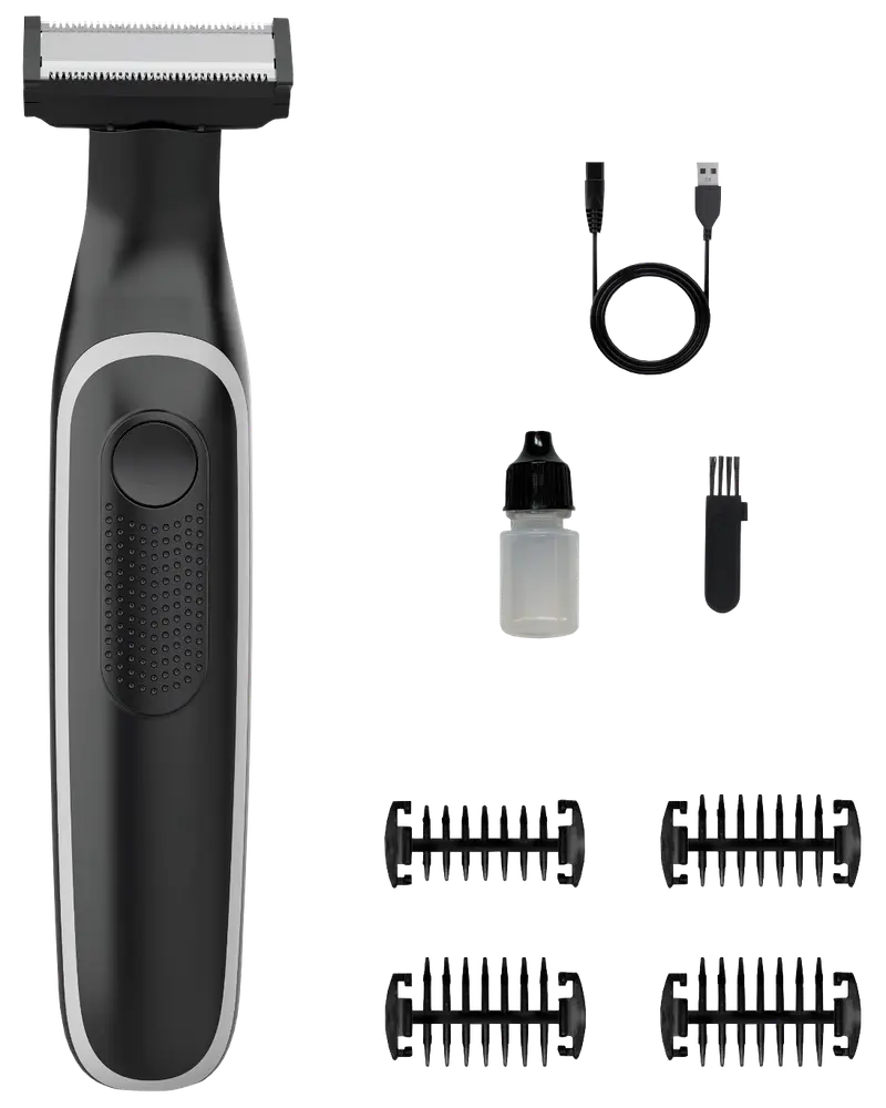 Sort elektrisk skægtrimmer med fire kamme, rensebørste, olieflaske og USB-opladerkabel. Ergonomisk håndtag med tekstur for nem brug. Velegnet til præcis trimning.
