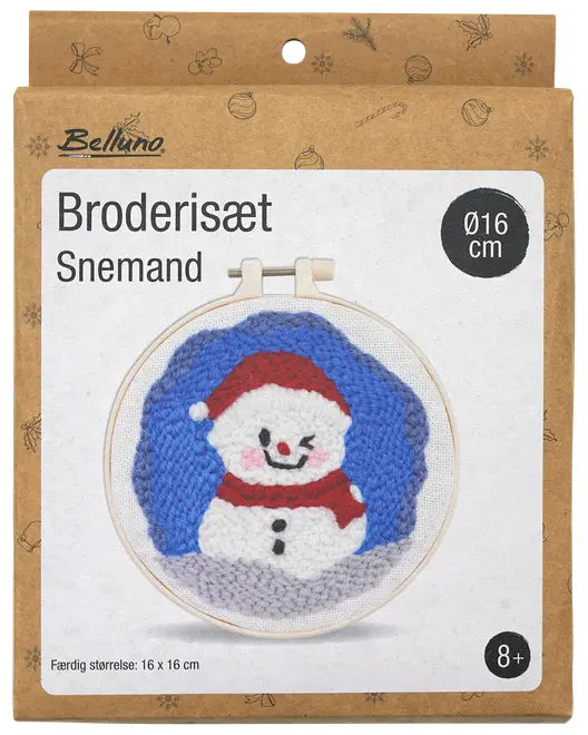 Broderisats med snögubbe, röd mössa och halsduk, blå bakgrund och broderiram. Färdig storlek: 16 x 16 cm. Rekommenderas från 8 år.