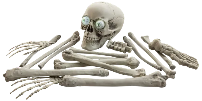 Plastikskelett-dekoration med skalle, armar, ben, händer och fötter. Skallen har utstående tecknade ögon. Perfekt för Halloween eller skrämmande teman.
