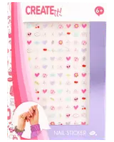 Ark med farverige negleklistermærker med hjerter, skyer, blomster, noder og søde ansigter. Velegnet til børn fra 6 år. Ideel til sjov negledekoration.