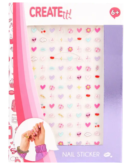 Ark med farverige negleklistermærker med hjerter, skyer, blomster, noder og søde ansigter. Velegnet til børn fra 6 år. Ideel til sjov negledekoration.