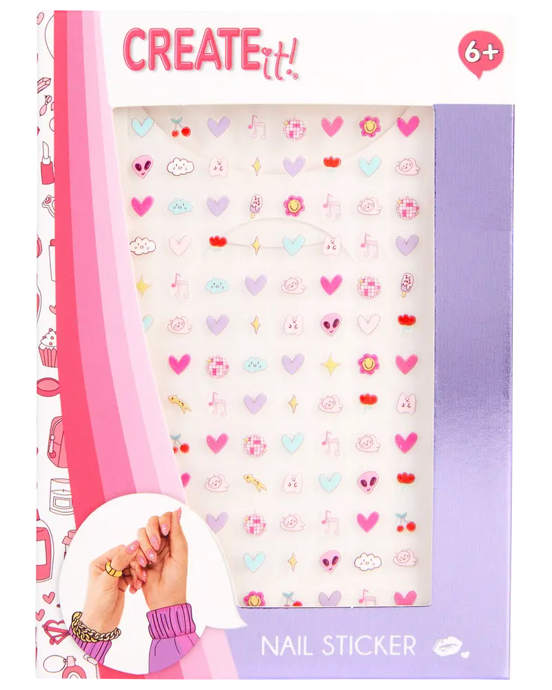 Ark med farverige negleklistermærker med hjerter, skyer, blomster, noder og søde ansigter. Velegnet til børn fra 6 år. Ideel til sjov negledekoration.