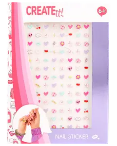 Ark med farverige negleklistermærker med hjerter, skyer, blomster, noder og søde ansigter. Velegnet til børn fra 6 år. Ideel til sjov negledekoration.