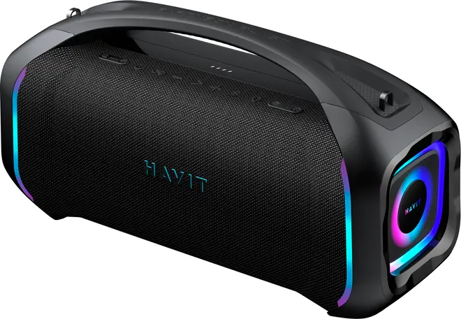 Svart bärbar HAVIT Bluetooth-högtalare med bärhandtag, texturerat galler och färgglada RGB-ljusringar i båda ändarna.