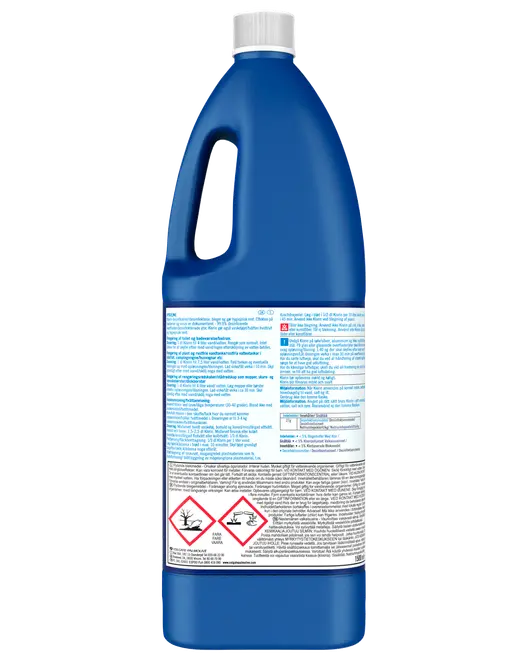 Stor blå plastflaske med blegemiddel, hvidt låg og ergonomisk håndtag. Bagsideetiketten viser brugsanvisning og advarsler, herunder faresymboler for miljø- og sundhedsrisici.