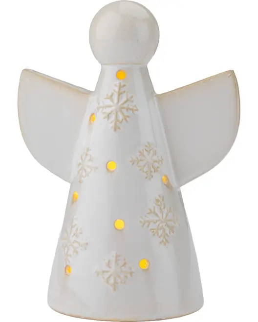 Keramisk englefigur med snefnugmønstre og små gule LED-lys. Hvid finish, rund hoved, udbredte vinger og kegleformet krop. Dekorativ julepynt til bord eller hylde.