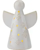 Keramisk englefigur med snefnugmønstre og små gule LED-lys. Hvid finish, rund hoved, udbredte vinger og kegleformet krop. Dekorativ julepynt til bord eller hylde.