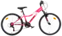 Rosa och vit mountainbike med framdämpning, svart sadel, 21 växlar och reflexer på båda hjulen. Passar ungdomar eller vuxna, bekväm för terrängcykling.