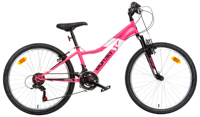 Rosa och vit mountainbike med framdämpning, svart sadel, 21 växlar och reflexer på båda hjulen. Passar ungdomar eller vuxna, bekväm för terrängcykling.
