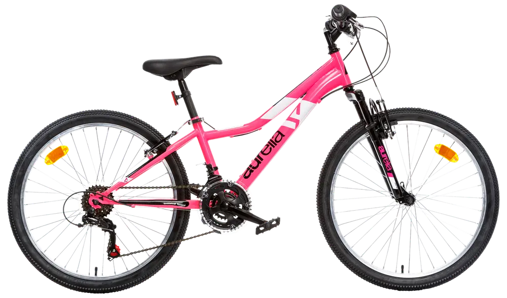 Rosa och vit mountainbike med framdämpning, svart sadel, 21 växlar och reflexer på båda hjulen. Passar ungdomar eller vuxna, bekväm för terrängcykling.