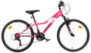 Rosa och vit mountainbike med framdämpning, svart sadel, 21 växlar och reflexer på båda hjulen. Passar ungdomar eller vuxna, bekväm för terrängcykling.