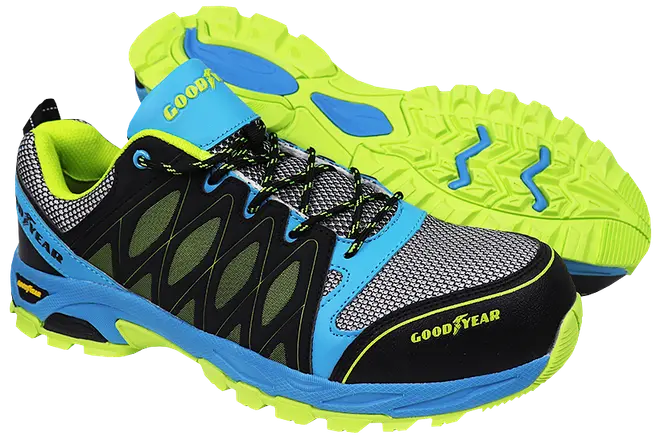 Herresko med mesh-overdel, sort og blå design, neongrønne detaljer, slidstærk gummisål, snørelukning, Goodyear-logo, velegnet til løb eller hverdagsbrug.