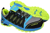 Herresko med mesh-overdel, sort og blå design, neongrønne detaljer, slidstærk gummisål, snørelukning, Goodyear-logo, velegnet til løb eller hverdagsbrug.