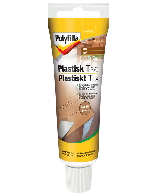 Polyfilla Plastisk Træ fugefiller tube til inde- og udendørs brug, lys eg, til at udfylde huller og revner i træ.