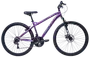 Lila mountainbike med framdämpning, 21-växlad system, skivbromsar och grova däck. Lätt aluminiumram, justerbar sadel och ergonomiskt styre för bekväm terrängcykling.