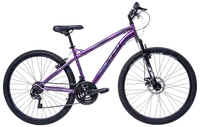Lila mountainbike med framdämpning, 21-växlad system, skivbromsar och grova däck. Lätt aluminiumram, justerbar sadel och ergonomiskt styre för bekväm terrängcykling.