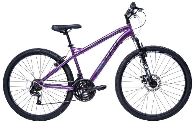 Lila mountainbike med framdämpning, 21-växlad system, skivbromsar och grova däck. Lätt aluminiumram, justerbar sadel och ergonomiskt styre för bekväm terrängcykling.
