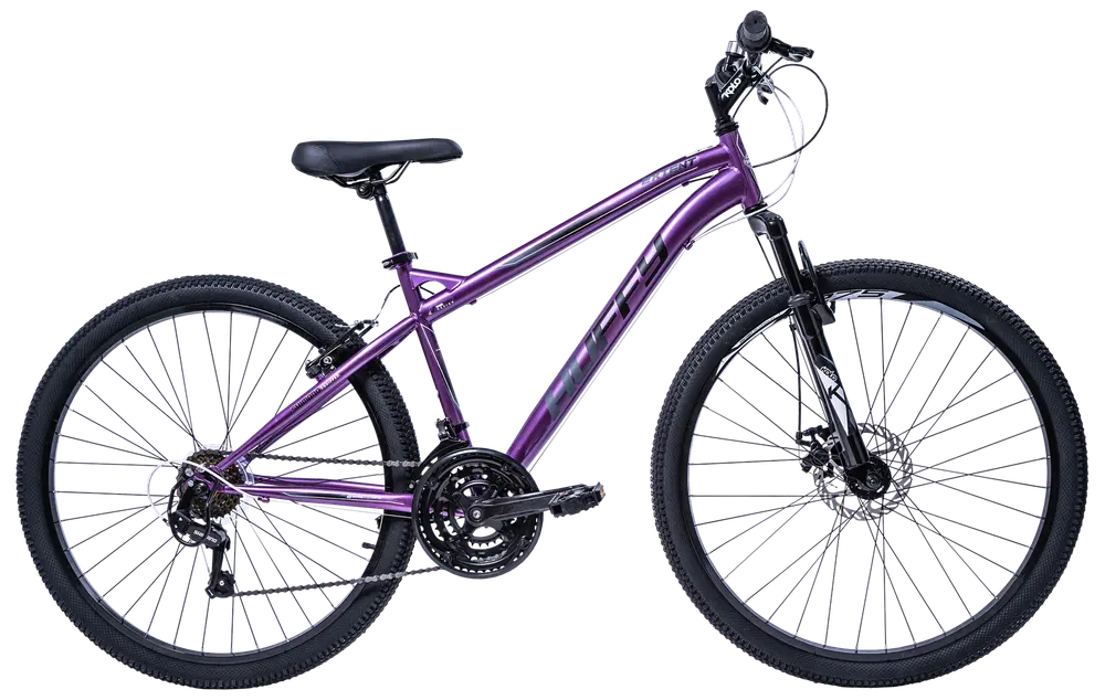 Lila mountainbike med framdämpning, 21-växlad system, skivbromsar och grova däck. Lätt aluminiumram, justerbar sadel och ergonomiskt styre för bekväm terrängcykling.