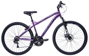Lila mountainbike med framdämpning, 21-växlad system, skivbromsar och grova däck. Lätt aluminiumram, justerbar sadel och ergonomiskt styre för bekväm terrängcykling.