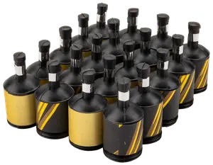 Set med 20 svarta och guldiga party poppers med dragsnöre, cylinderformade, för fest och evenemang. Varje popper har en festlig, metallisk etikett och innehåller konfetti.