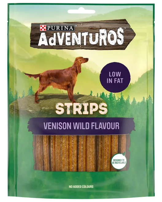 Purina Adventuros Strips hundgodis, viltsmak, låg fetthalt, inga tillsatta färgämnen, synliga bruna remsor i återförslutningsbar grön påse, designad för återvinning.