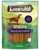 Purina Adventuros Strips hundgodis, viltsmak, låg fetthalt, inga tillsatta färgämnen, synliga bruna remsor i återförslutningsbar grön påse, designad för återvinning.