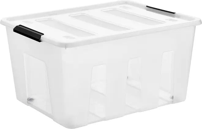 Gennemsigtig plastik opbevaringsboks med hvidt låg og sorte håndtag. Rektangulær form, stabelbar, ideel til organisering og opbevaring af husholdningsartikler. Låget lukkes sikkert.
