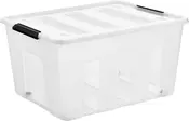 Gennemsigtig plastik opbevaringsboks med hvidt låg og sorte håndtag. Rektangulær form, stabelbar, ideel til organisering og opbevaring af husholdningsartikler. Låget lukkes sikkert.