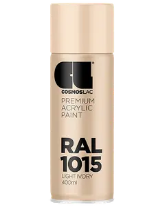 400 ml spraydåse med Cosmoslac premium akrylmaling i RAL 1015 Light Ivory, beige farve. Dåsen er tydeligt mærket og egnet til forskellige overflader og projekter.