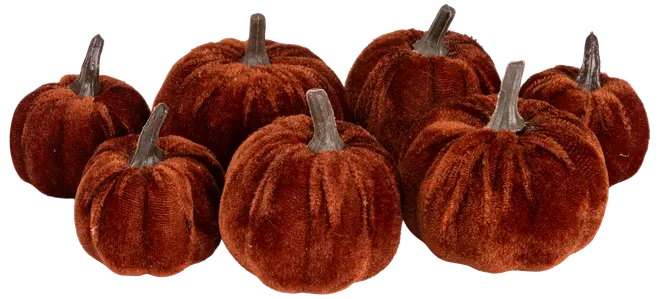 Set med åtta sammetslena pumpor i mörk rostfärg med realistiska bruna stjälkar, mjuk yta, olika storlekar, perfekta för höst- eller Thanksgiving-dekoration.