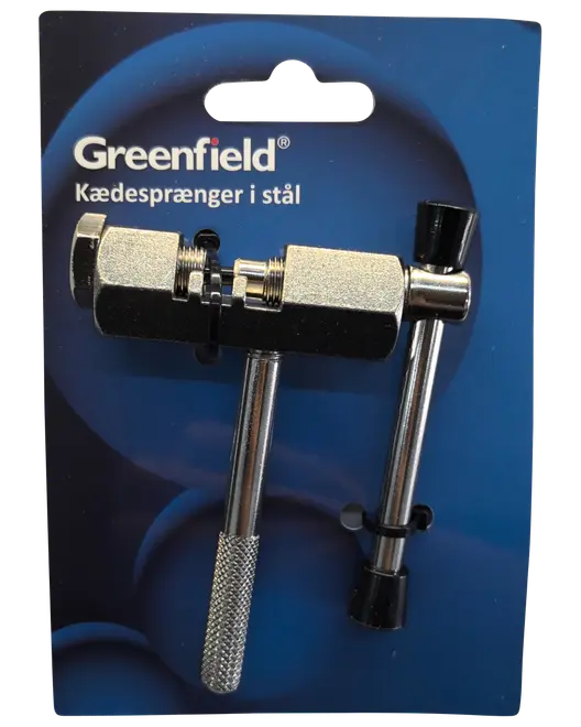Kædesprænger i stål med rillet håndtag, kompakt design og drejepind, velegnet til cykelkæder. Leveres på blå Greenfield-indpakning.