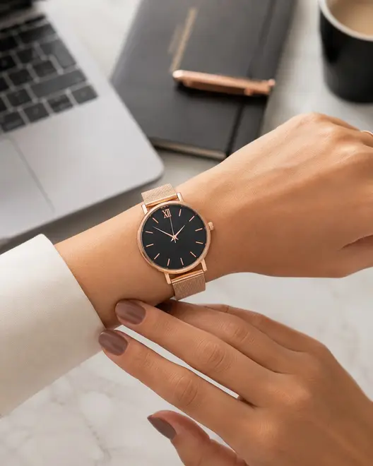 Elegant armbåndsur med rosaguld meshrem, sort rund urskive, minimalistiske guld time-markeringer og romertal ved tolv. Passer til både formelt og afslappet brug. Moderne design. - Billedet er skabt med AI