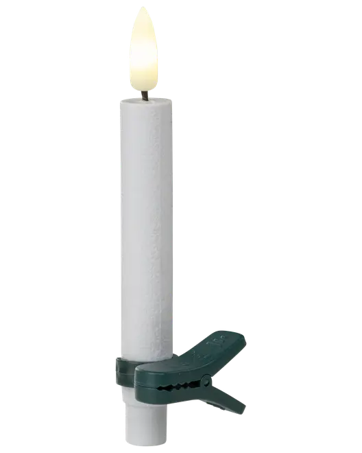 Hvid LED-lys med varm glødende flamme, monteret på grøn plastklemme. Perfekt til juletræspynt eller festlige dekorationer. Batteridrevet, flammefri design.