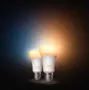 To Philips Hue smarte LED-pærer med hvidt stemningslys, E27 fatning, udsender varmt hvidt lys, justerbar lysstyrke, kompatibel med smart home belysningssystemer.