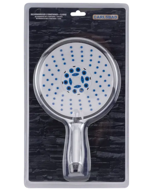 Stor håndbruser med kromfinish, flere spraydyser og ergonomisk håndtag. Leveres i klar plastemballage. Inkluderer slange til nem montering i brusebadet.