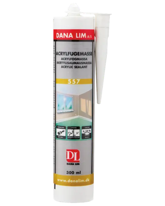 Dana Lim akrylfugemasse, 300 ml tube, hvid med rød og gul etiket, velegnet til fugning omkring vinduer og vægge. Inkluderer dyse for præcis påføring.