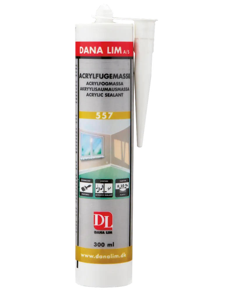 Dana Lim akrylfugemasse, 300 ml tube, hvid med rød og gul etiket, velegnet til fugning omkring vinduer og vægge. Inkluderer dyse for præcis påføring.