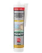 Dana Lim akrylfugemasse, 300 ml tube, hvid med rød og gul etiket, velegnet til fugning omkring vinduer og vægge. Inkluderer dyse for præcis påføring.