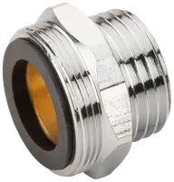 Kromad mässingsrörkoppling med utvändiga och invändiga gängor, svart gummipackning och sexkantigt grepp. Används för tät och säker röranslutning.