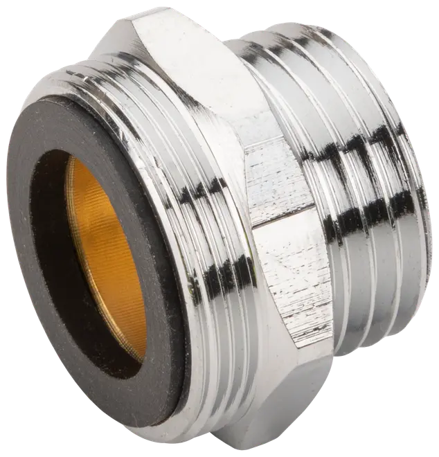 Kromad mässingsrörkoppling med utvändiga och invändiga gängor, svart gummipackning och sexkantigt grepp. Används för tät och säker röranslutning.
