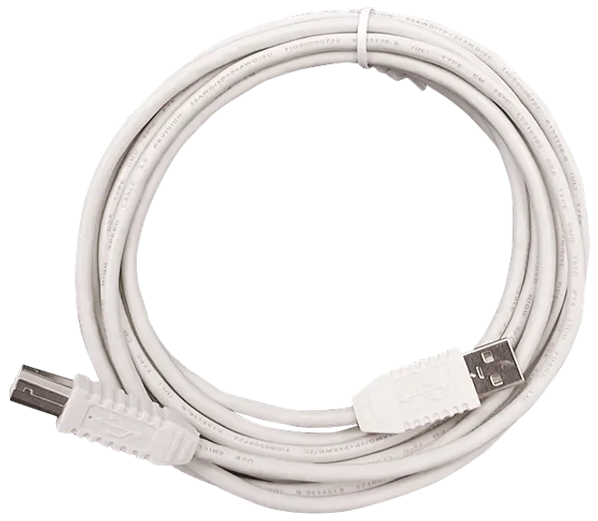 Hvidt USB A til USB B kabel, pænt oprullet. Standard hanstik i begge ender, velegnet til printere, scannere og andre enheder. Holdbar, fleksibel isolering for pålidelig dataoverførsel.