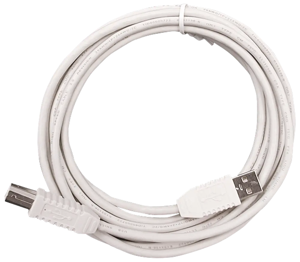 Hvidt USB A til USB B kabel, pænt oprullet. Standard hanstik i begge ender, velegnet til printere, scannere og andre enheder. Holdbar, fleksibel isolering for pålidelig dataoverførsel.