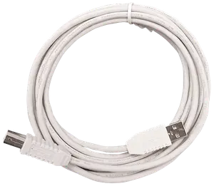 Hvidt USB A til USB B kabel, pænt oprullet. Standard hanstik i begge ender, velegnet til printere, scannere og andre enheder. Holdbar, fleksibel isolering for pålidelig dataoverførsel.