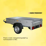 Galvaniseret enkelakslet trailer med åben ladkasse, sorte skærme, baglygter og kobling.
