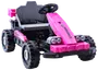 Elektrisk børne-gokart i pink og sort med fire store hjul, rat, forlygter og detaljeret sæde. Velegnet til børn, robust og realistisk design.