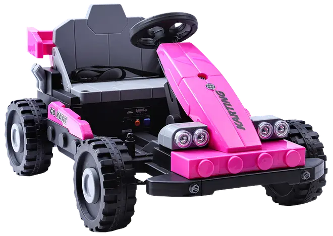 Elektrisk børne-gokart i pink og sort med fire store hjul, rat, forlygter og detaljeret sæde. Velegnet til børn, robust og realistisk design.