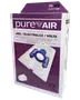 Förpackning med PureAir dammsugarpåsar för AEG, Electrolux, Volta modeller. Innehåller 4 påsar och 1 filter. Kompatibla modeller anges på förpackningen. Blå plastkoppling på påsen.