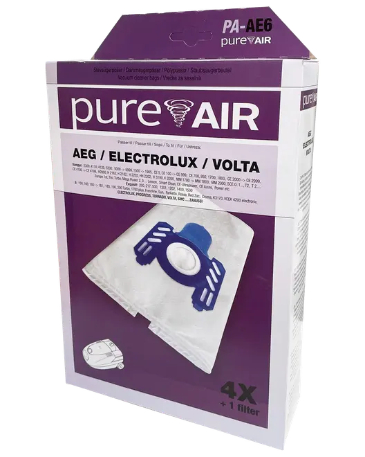 Förpackning med PureAir dammsugarpåsar för AEG, Electrolux, Volta modeller. Innehåller 4 påsar och 1 filter. Kompatibla modeller anges på förpackningen. Blå plastkoppling på påsen.