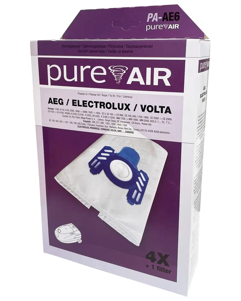 Förpackning med PureAir dammsugarpåsar för AEG, Electrolux, Volta modeller. Innehåller 4 påsar och 1 filter. Kompatibla modeller anges på förpackningen. Blå plastkoppling på påsen.